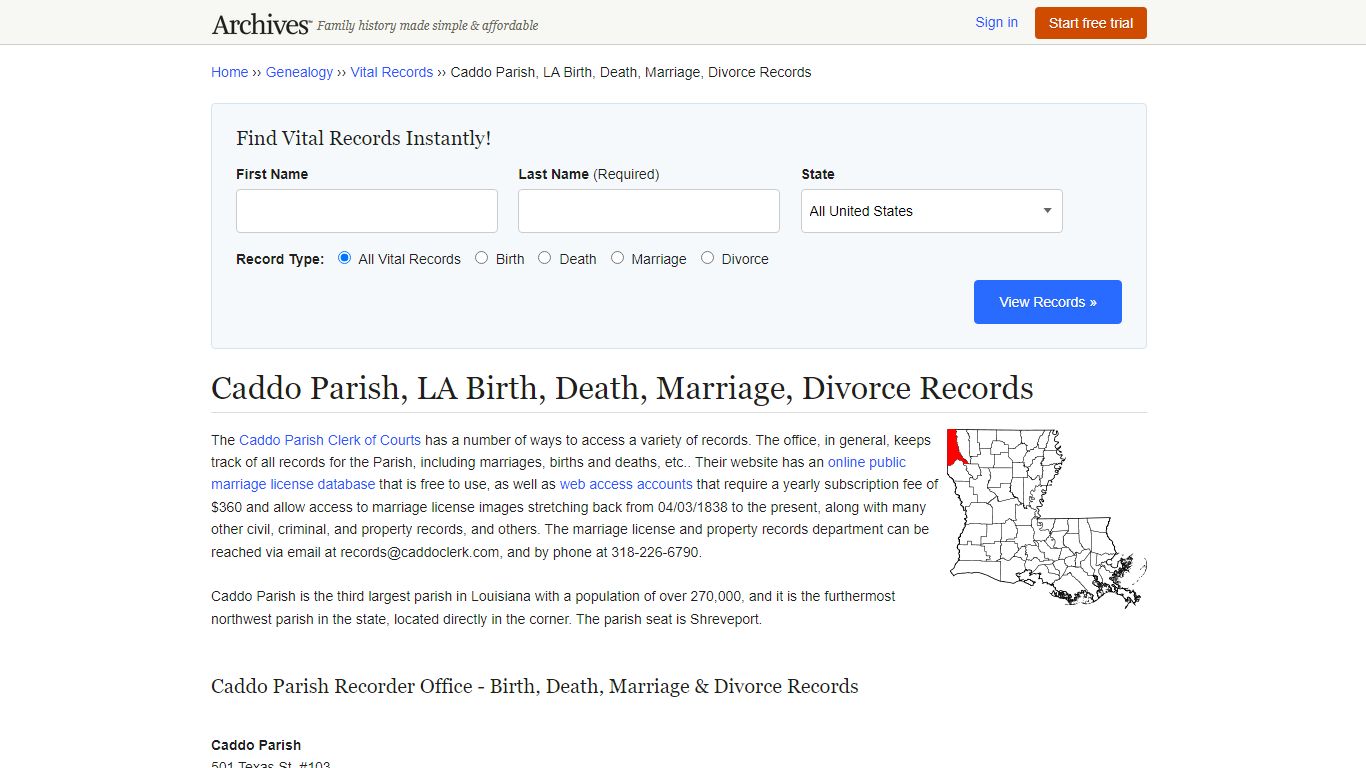 Caddo Parish, LA Birth, Death, Marriage, Divorce Records - Archives.com
